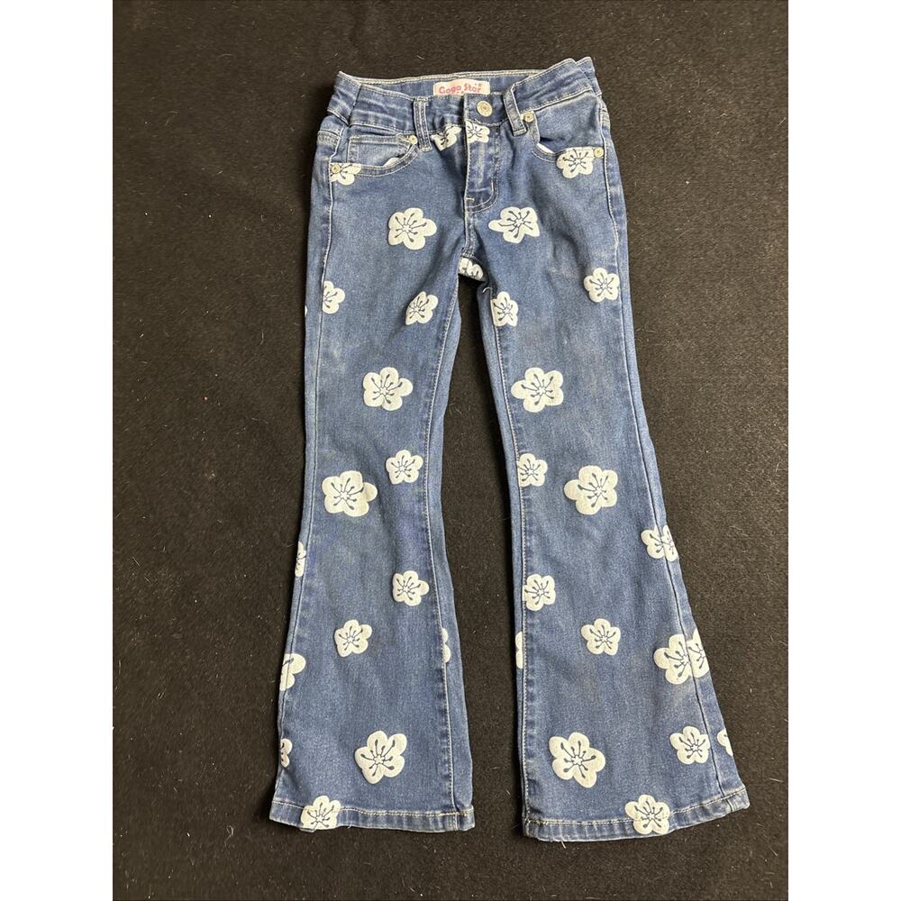 GOGo Girls Flared Distressed Floral Jeans Adjustable Waist Blue Size 6